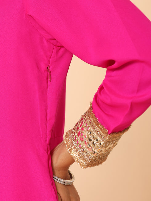 Women's Fuchsia Kurta with Lace, Pant, and Fuchsia and Green Dupatta 3 Piece Set | A-Line, V Neck, Full Sleeves, Pants, Festive Wear, (Chiffon)