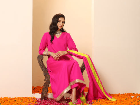 Women's Fuchsia Kurta with Lace, Pant, and Fuchsia and Green Dupatta 3 Piece Set | A-Line, V Neck, Full Sleeves, Pants, Festive Wear, (Chiffon)