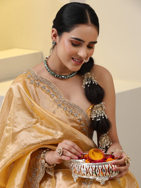 3 pc SET - Haldi Banaras Tissue Beaded Lehenga with Cut Dana Embroidered Dupatta and Blouse Fabric
