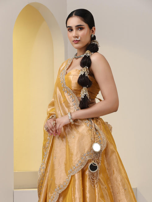 3 pc SET - Haldi Banaras Tissue Beaded Lehenga with Cut Dana Embroidered Dupatta and Blouse Fabric