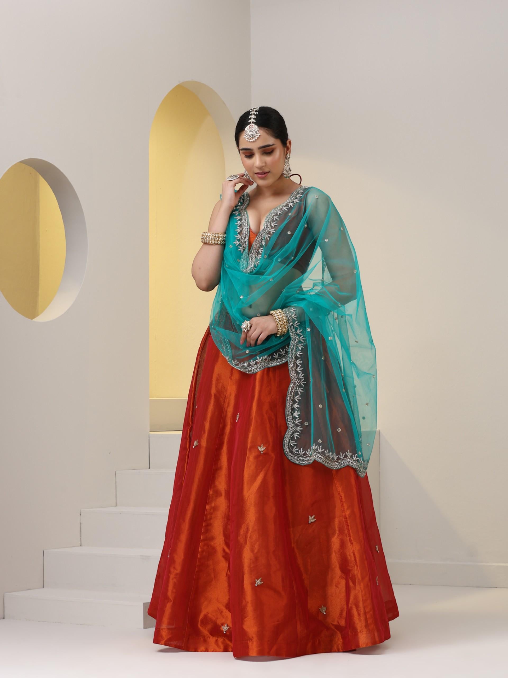 3 pc SET - Fire Blue Banarasi Tissue Lehenga with Zardozi with Net Hand embroidered Dupatta and Blouse Fabric