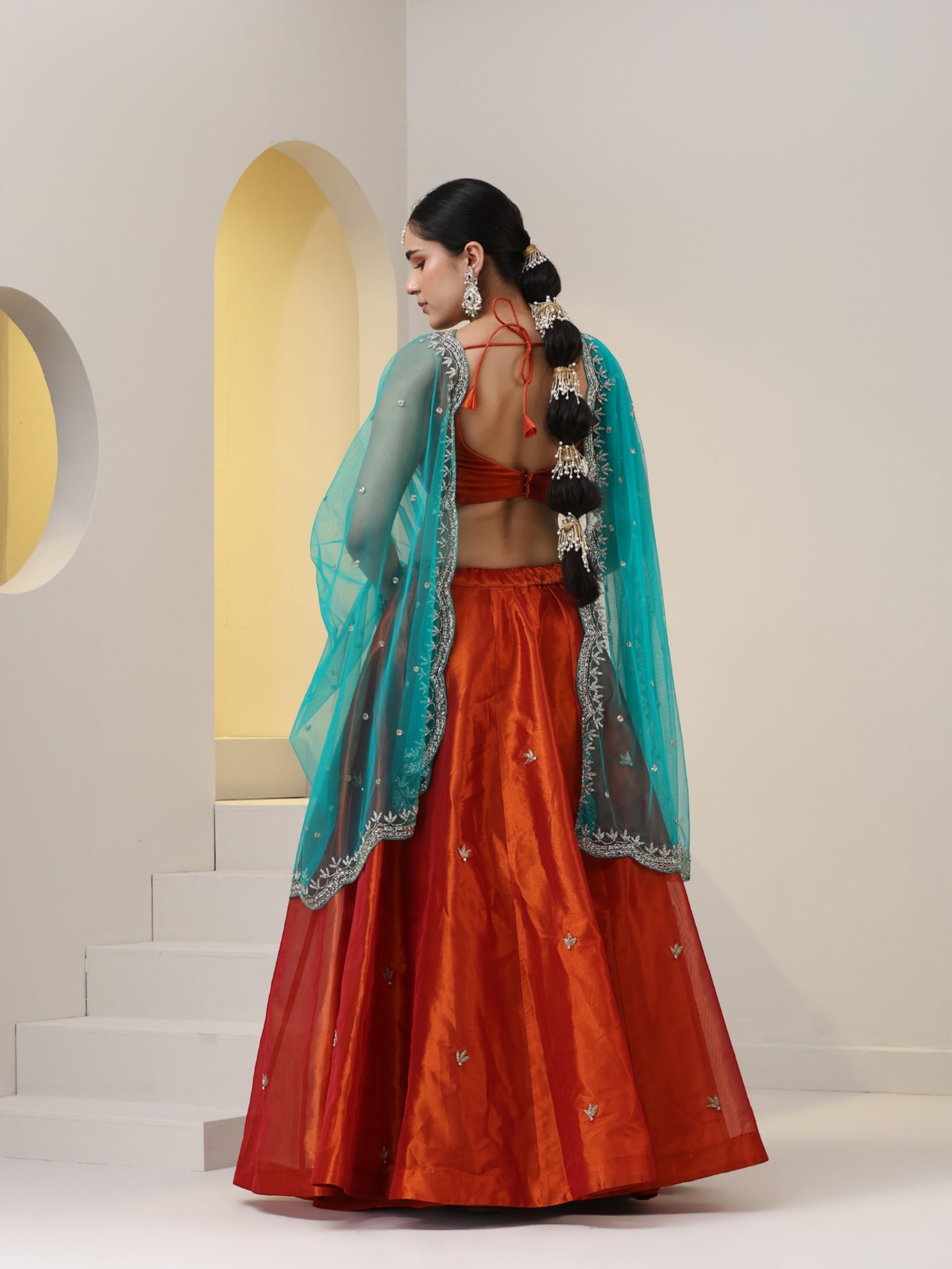 3 pc SET - Fire Blue Banarasi Tissue Lehenga with Zardozi with Net Hand embroidered Dupatta and Blouse Fabric