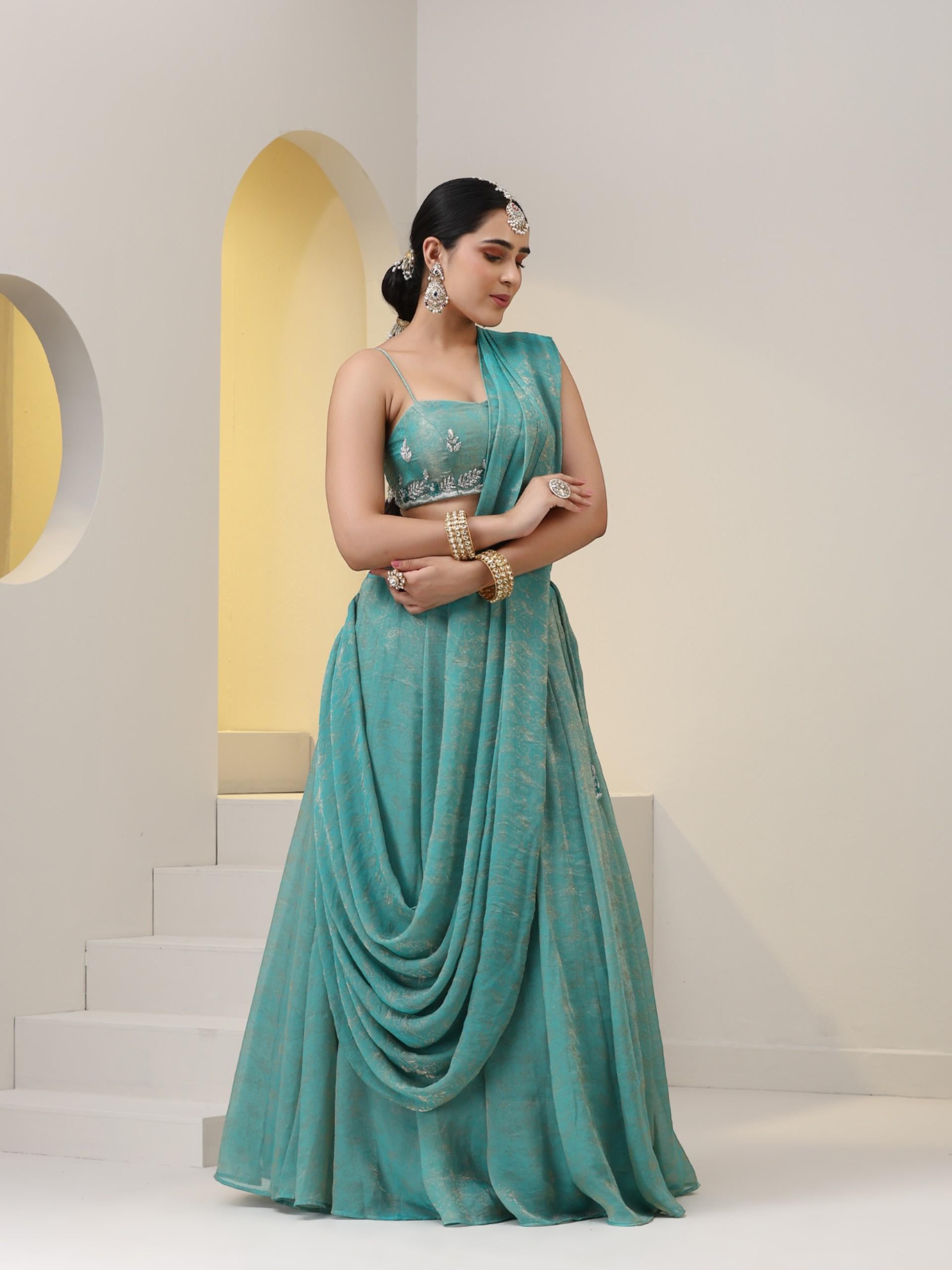 2 pc SET - Paris Woven Paisley Chiffon Skirt Saree with Pallu and Hand Embroidered Blouse Fabric