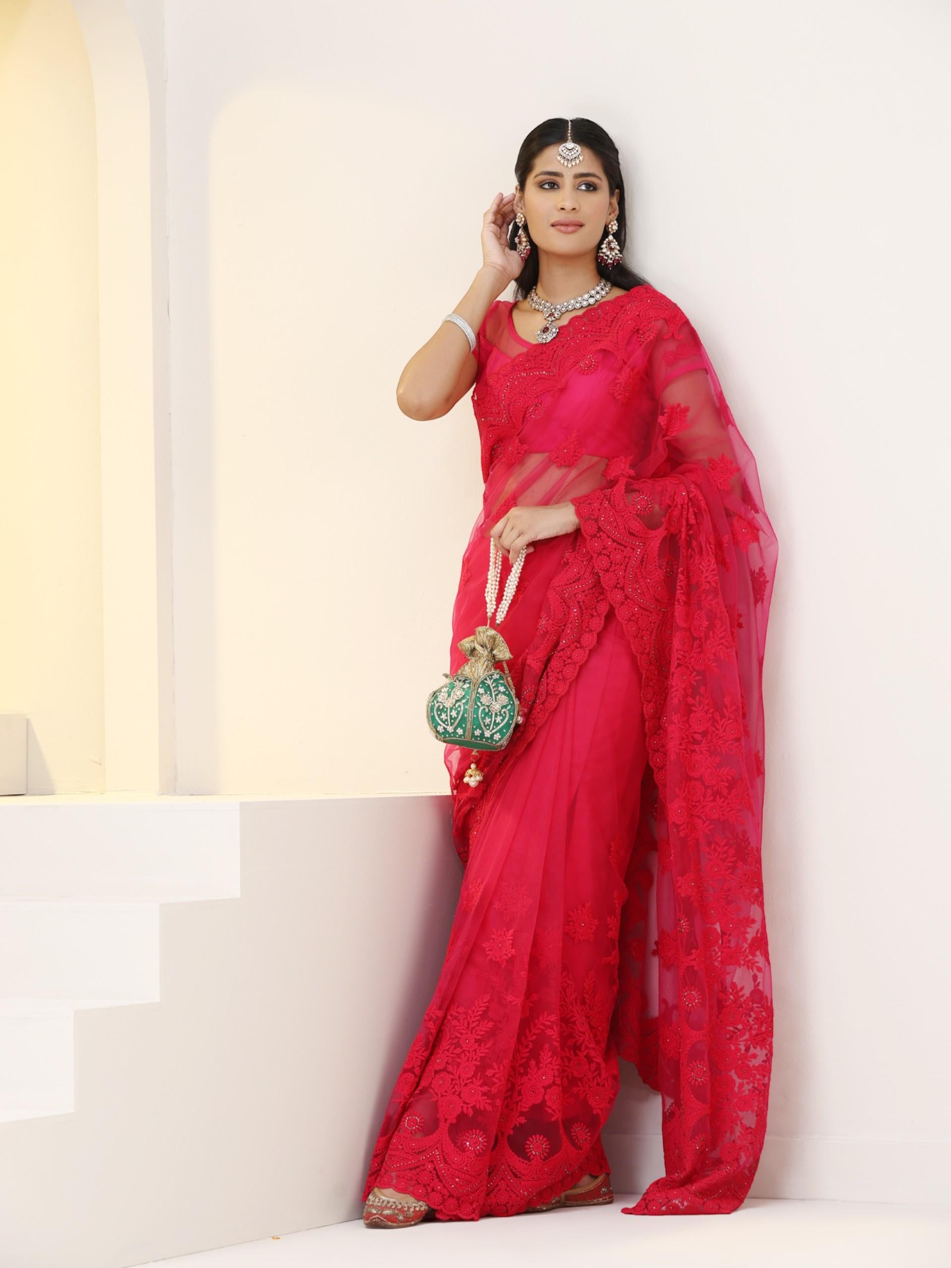 Pink Net Saree with All over Thick Scallop Embroidery and Shiny Dots with Blouse Fabric