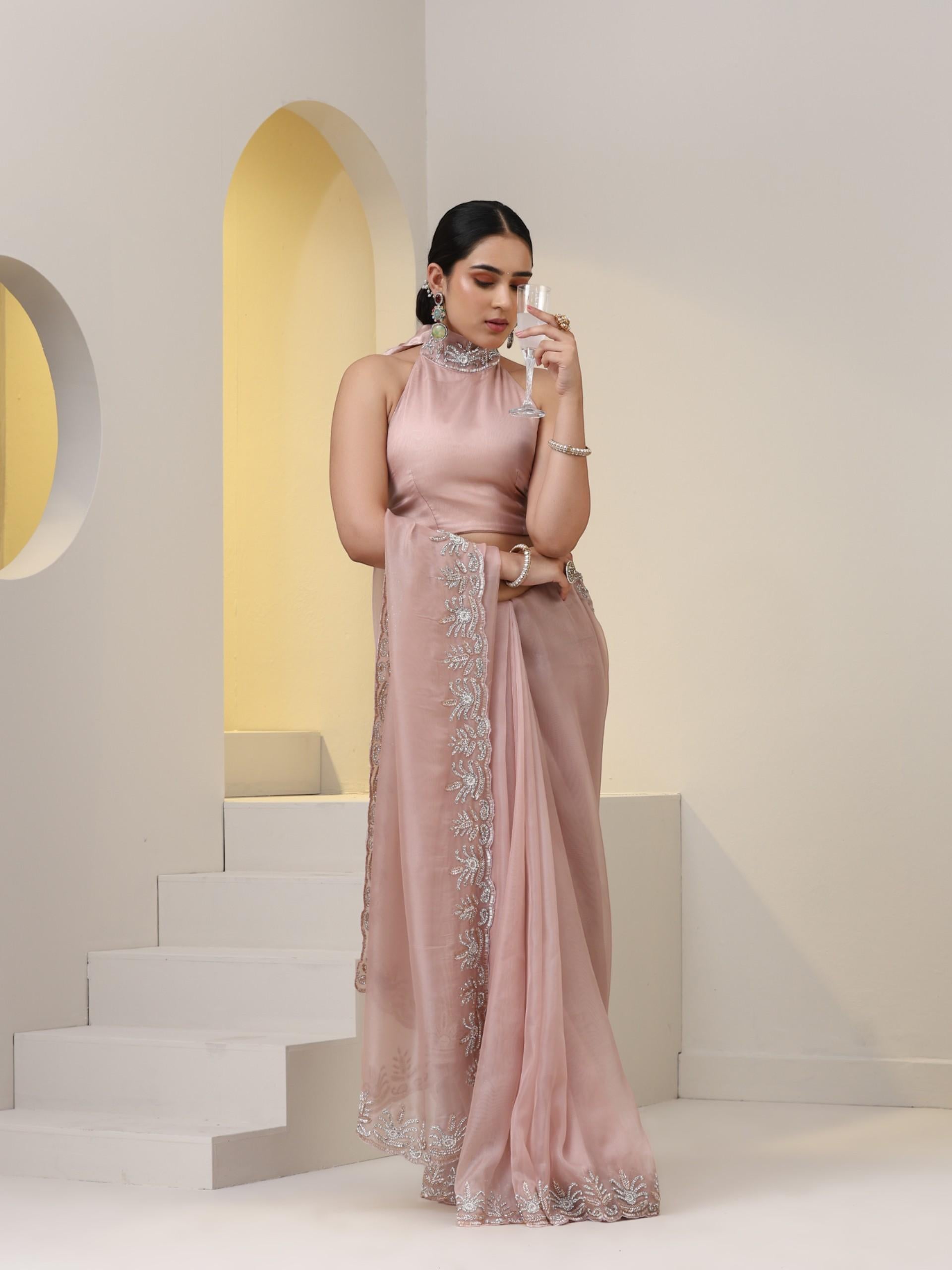 Rose Gold Organza Saree with Cut-Dana Embroidery with Blouse Fabric