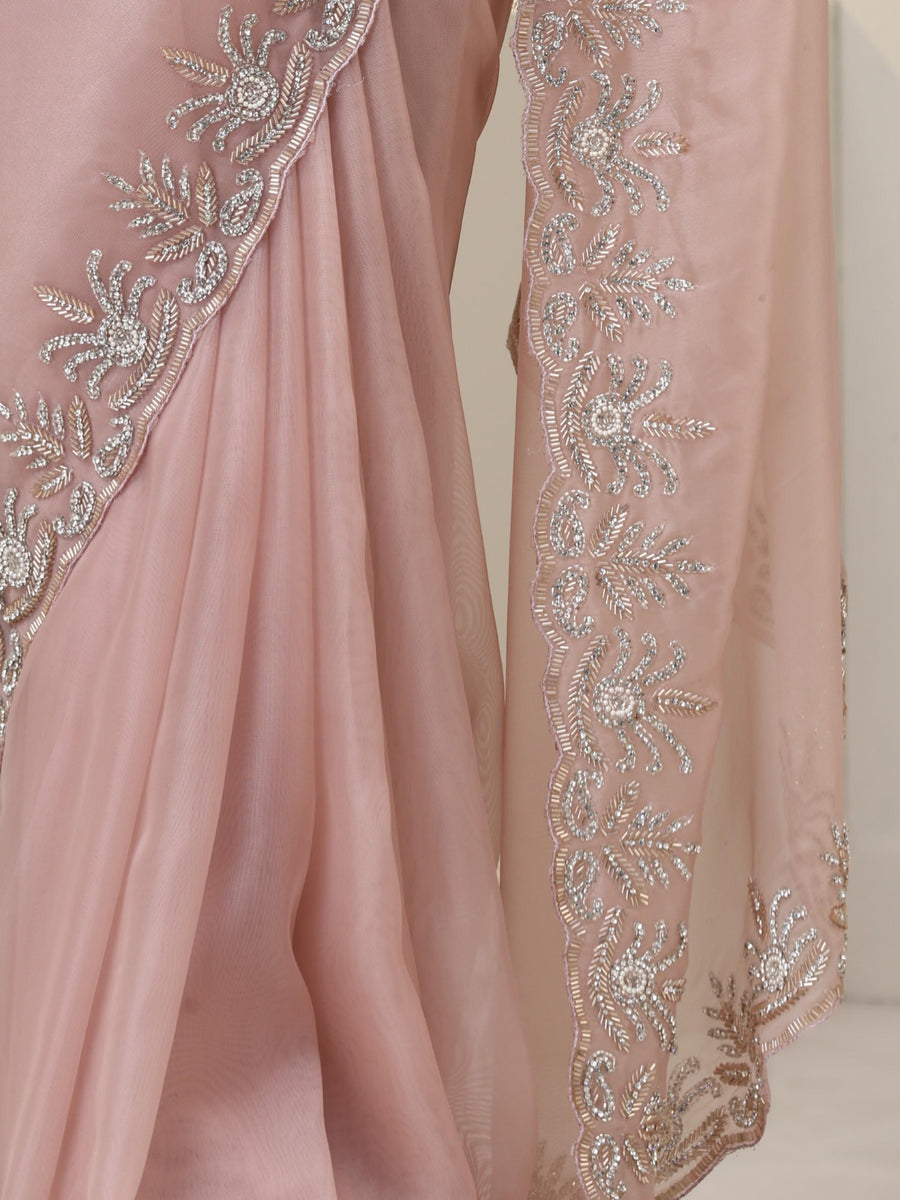 Metallic Gold Organza Tissue Saree With Cutdana And Bead Embroidery main image 1