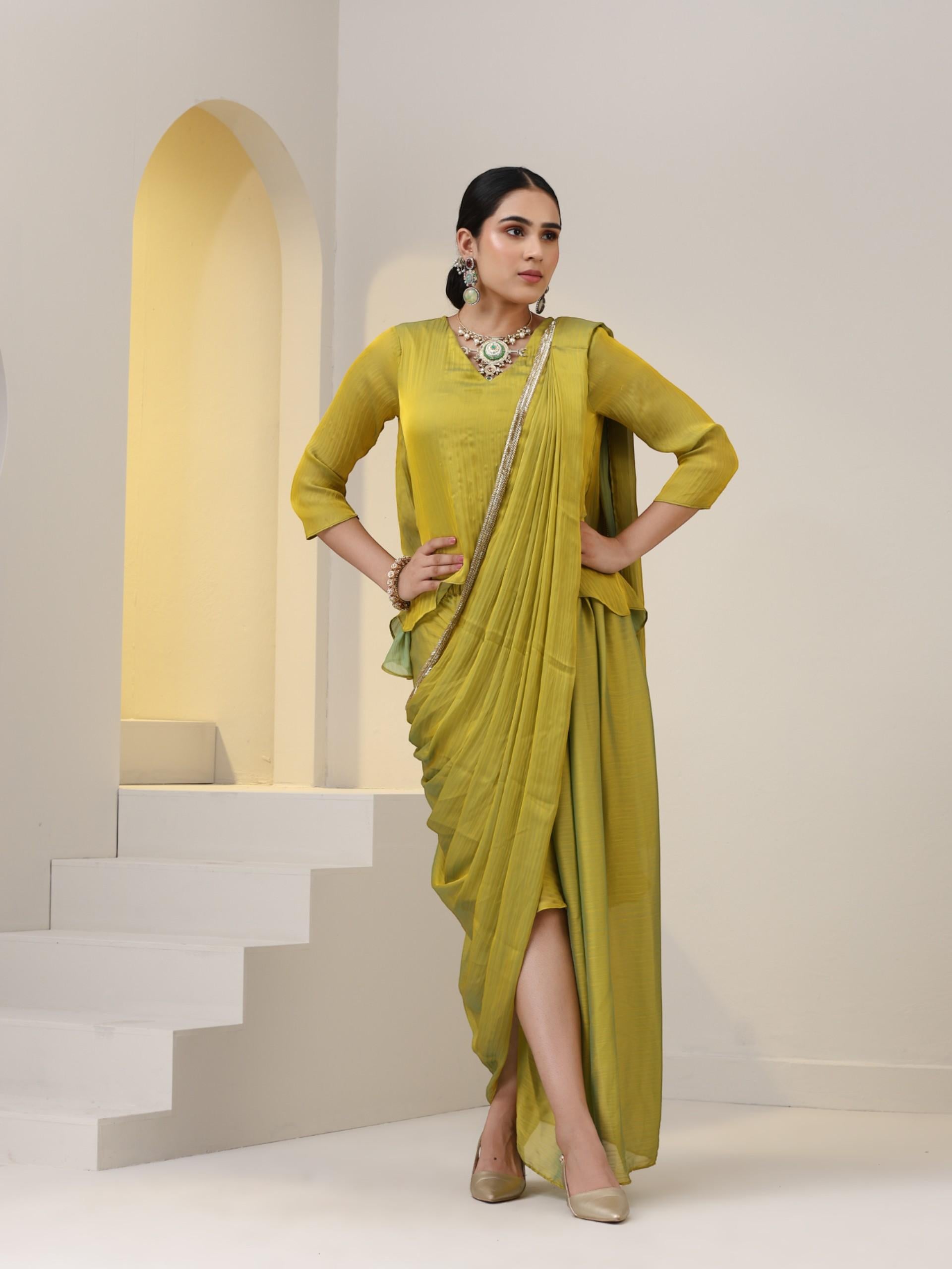 2 pc SET - Yellow Blue dual shade Chiffon Sharara Saree with Top and Gold Sequins Pallu with Blouse
