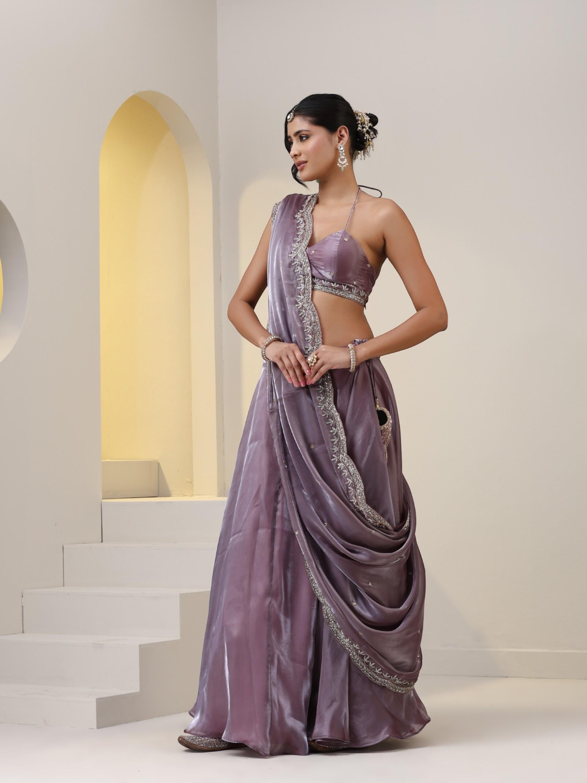 3 pc SET - Mauve Brazil Lehenga with Cut Dana Embroidered Blouse Fabric and Dupatta