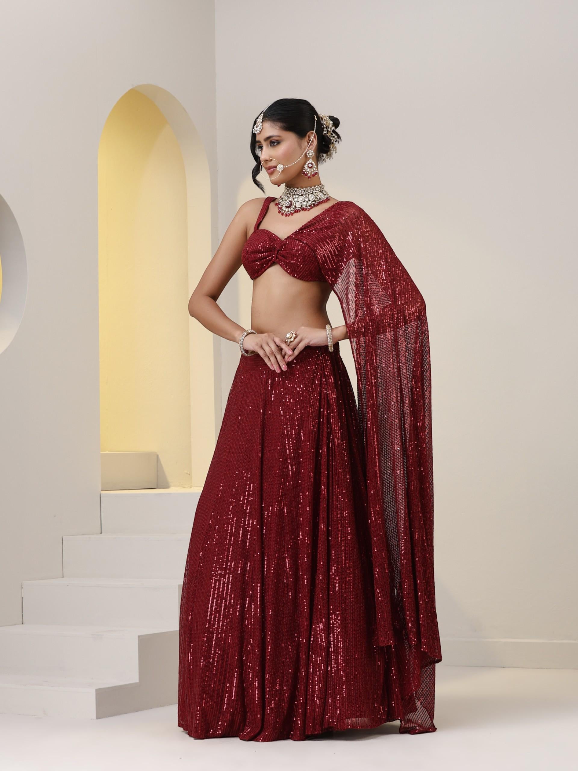 2 pc SET - Maroon Knit Sequined Lehenga with Blouse with Dupatta