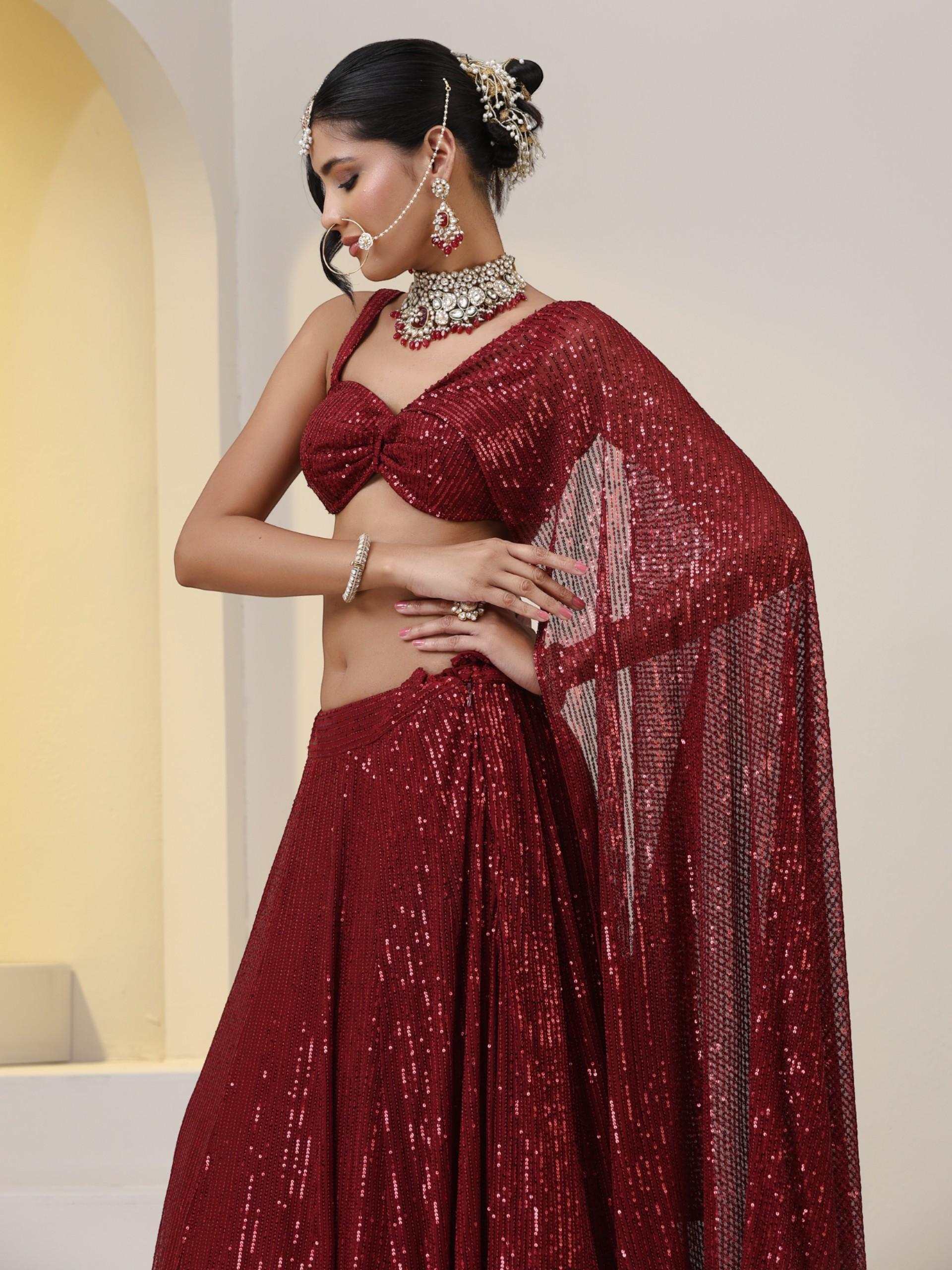 2 pc SET - Maroon Knit Sequined Lehenga with Blouse with Dupatta