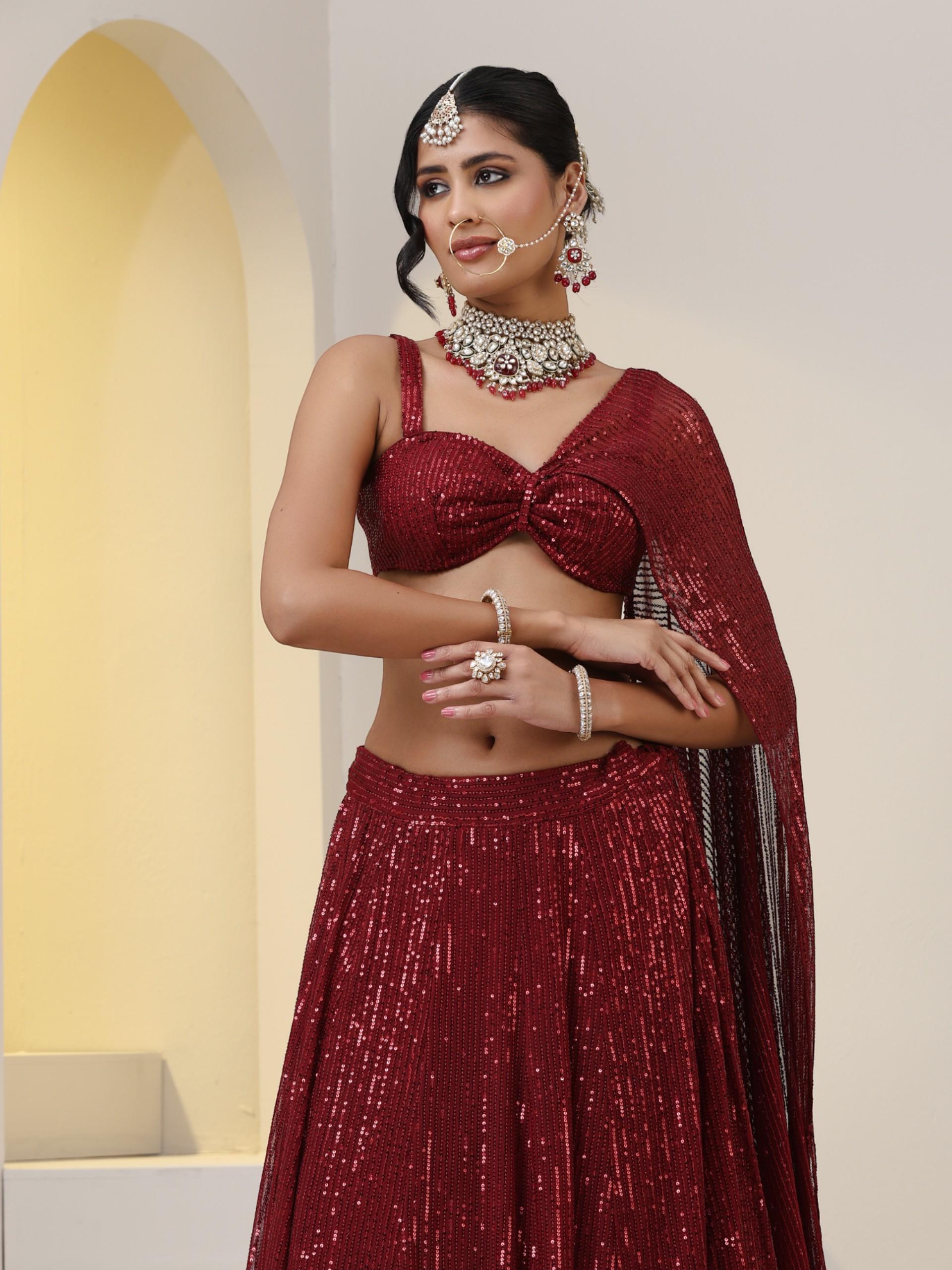 2 pc SET - Maroon Knit Sequined Lehenga with Blouse with Dupatta