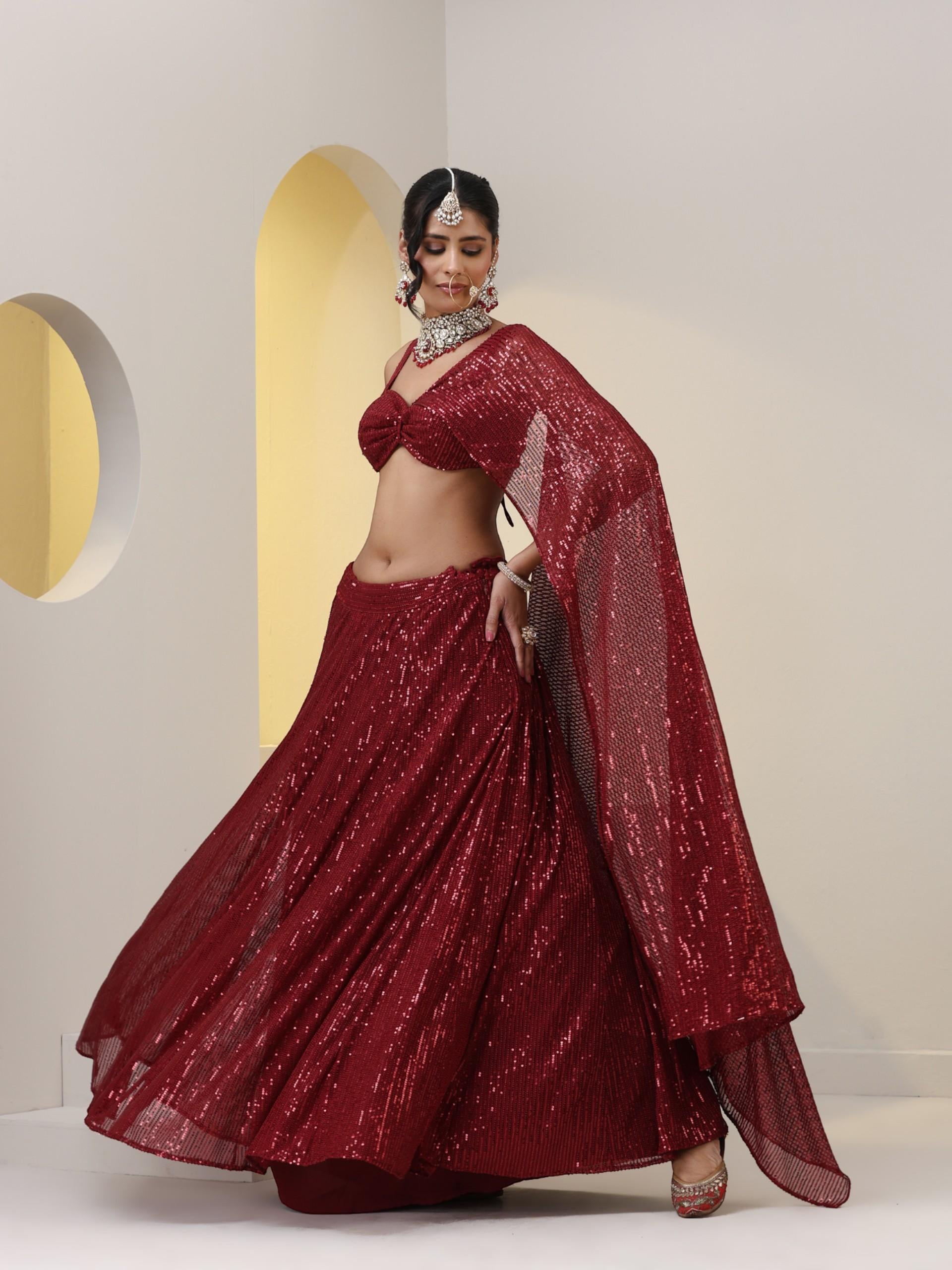 2 pc SET - Maroon Knit Sequined Lehenga with Blouse with Dupatta
