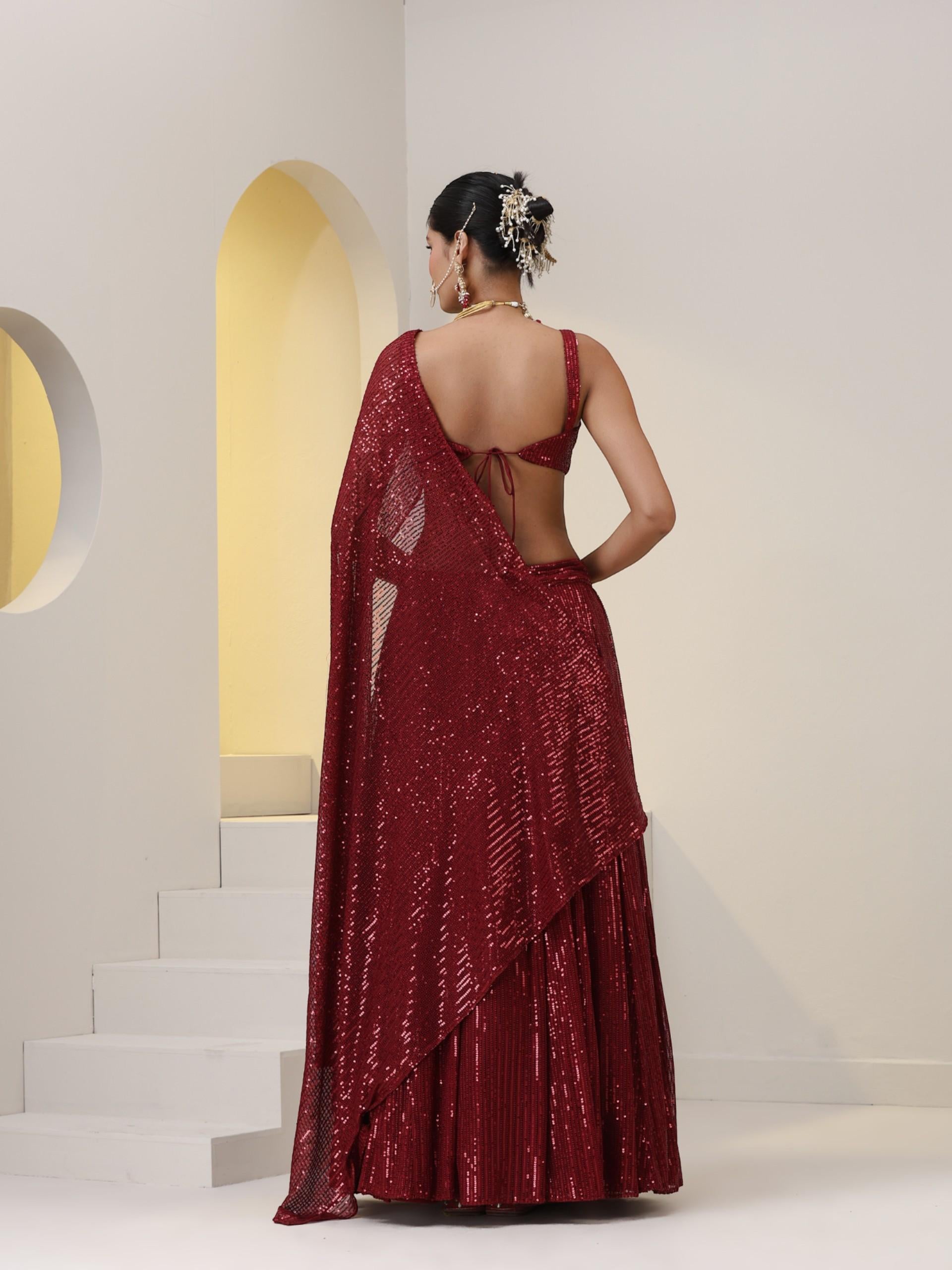 2 pc SET - Maroon Knit Sequined Lehenga with Blouse with Dupatta