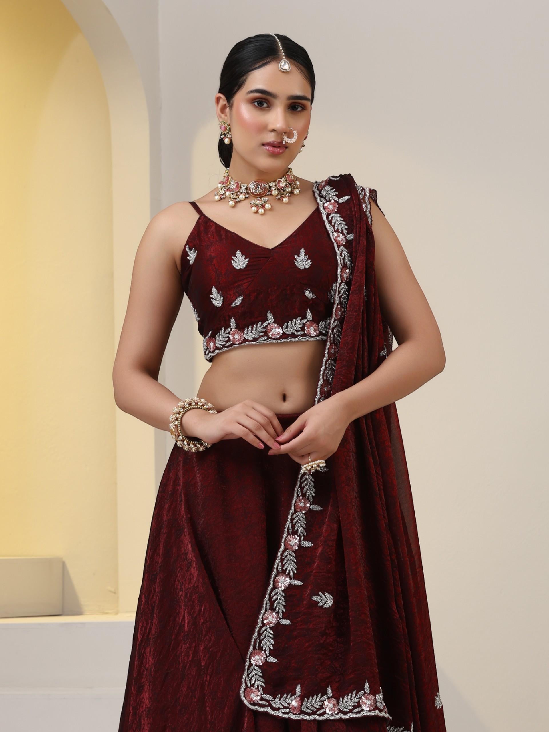 3 pc SET - Maroon Paisley Chiffon Lehenga with Hand Embroidered Cut Dana Blouse Fabric and Dupatta
