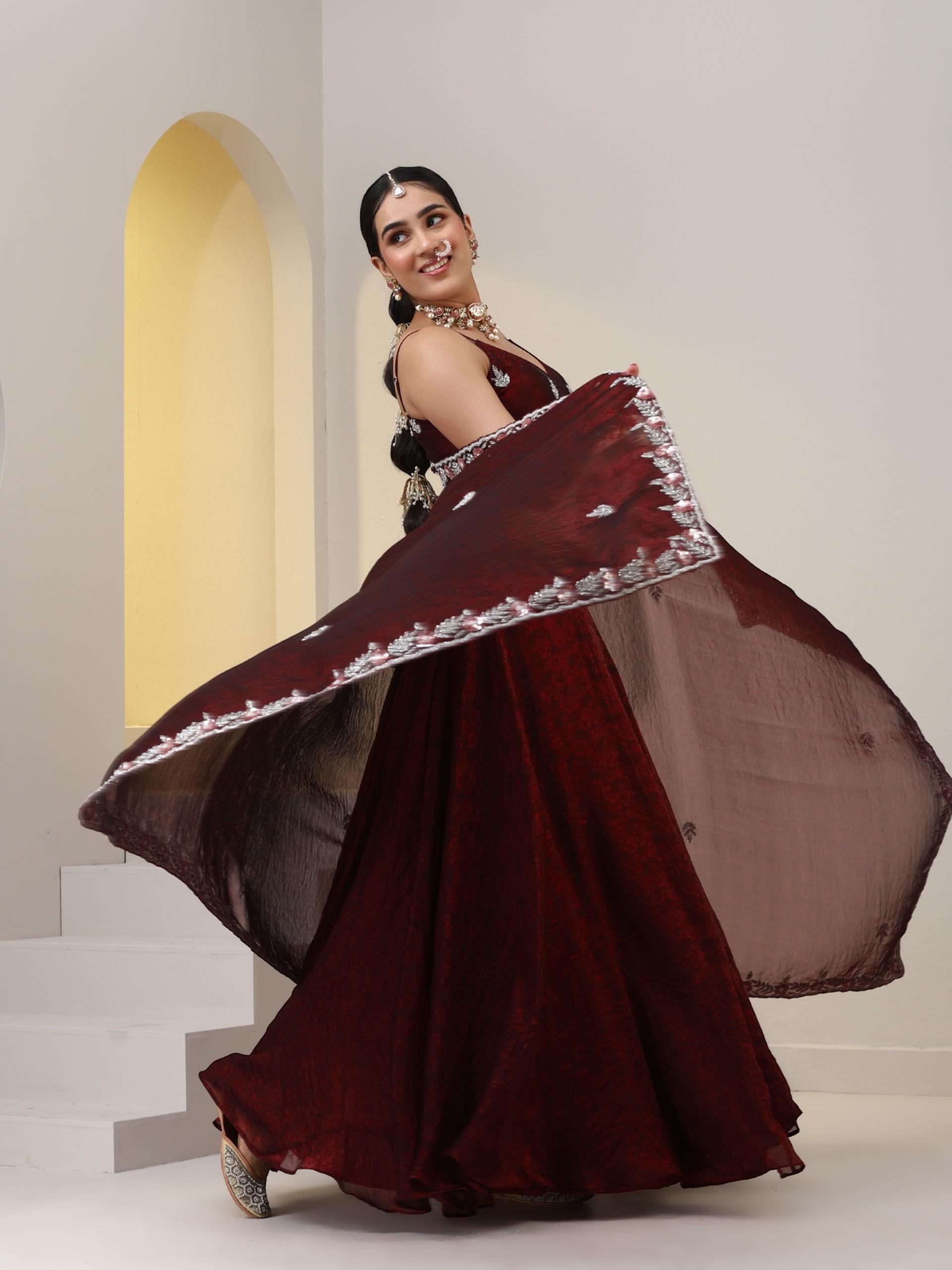 3 pc SET - Maroon Paisley Chiffon Lehenga with Hand Embroidered Cut Dana Blouse Fabric and Dupatta