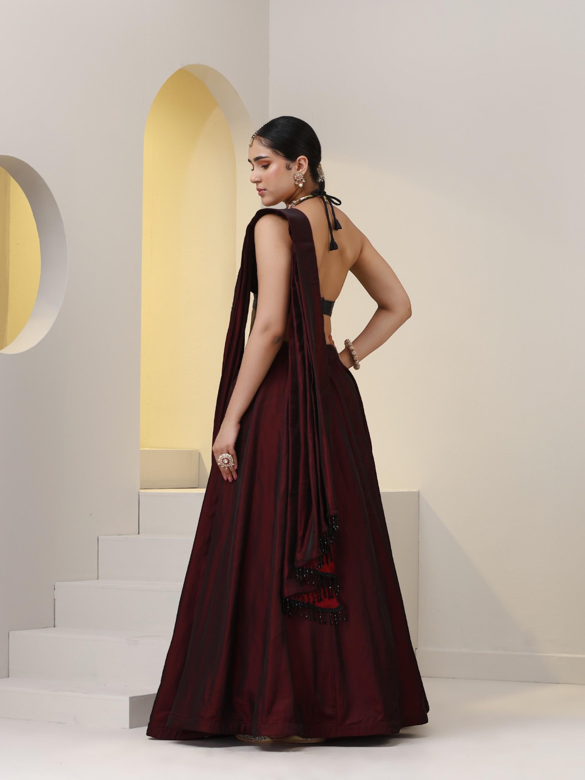 Rosewood Satin Skirt saree with Waterfall pallu and Black Sequin Blouse Fabric