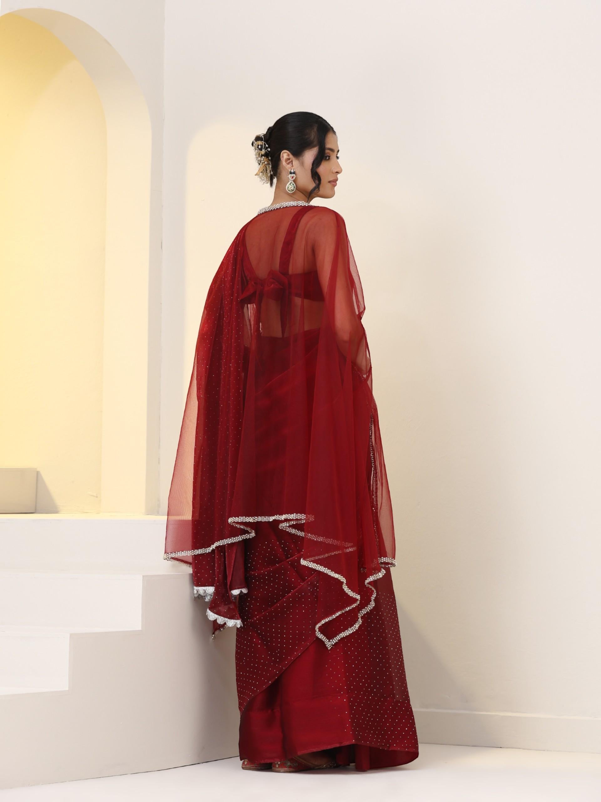 Maroon Swarovski style Saree with Lace and Blouse Fabric