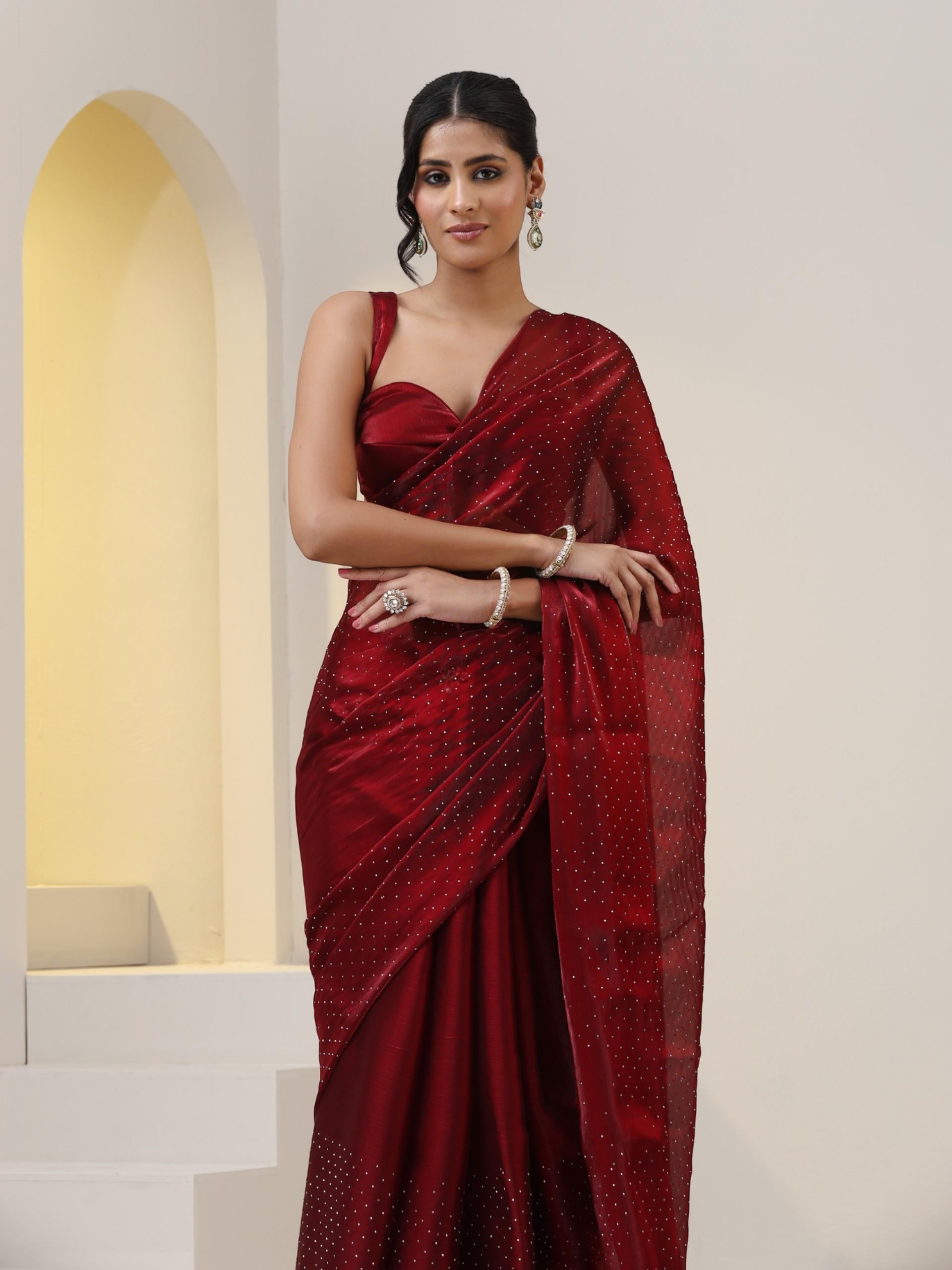 Maroon Swarovski style Saree with Lace and Blouse Fabric