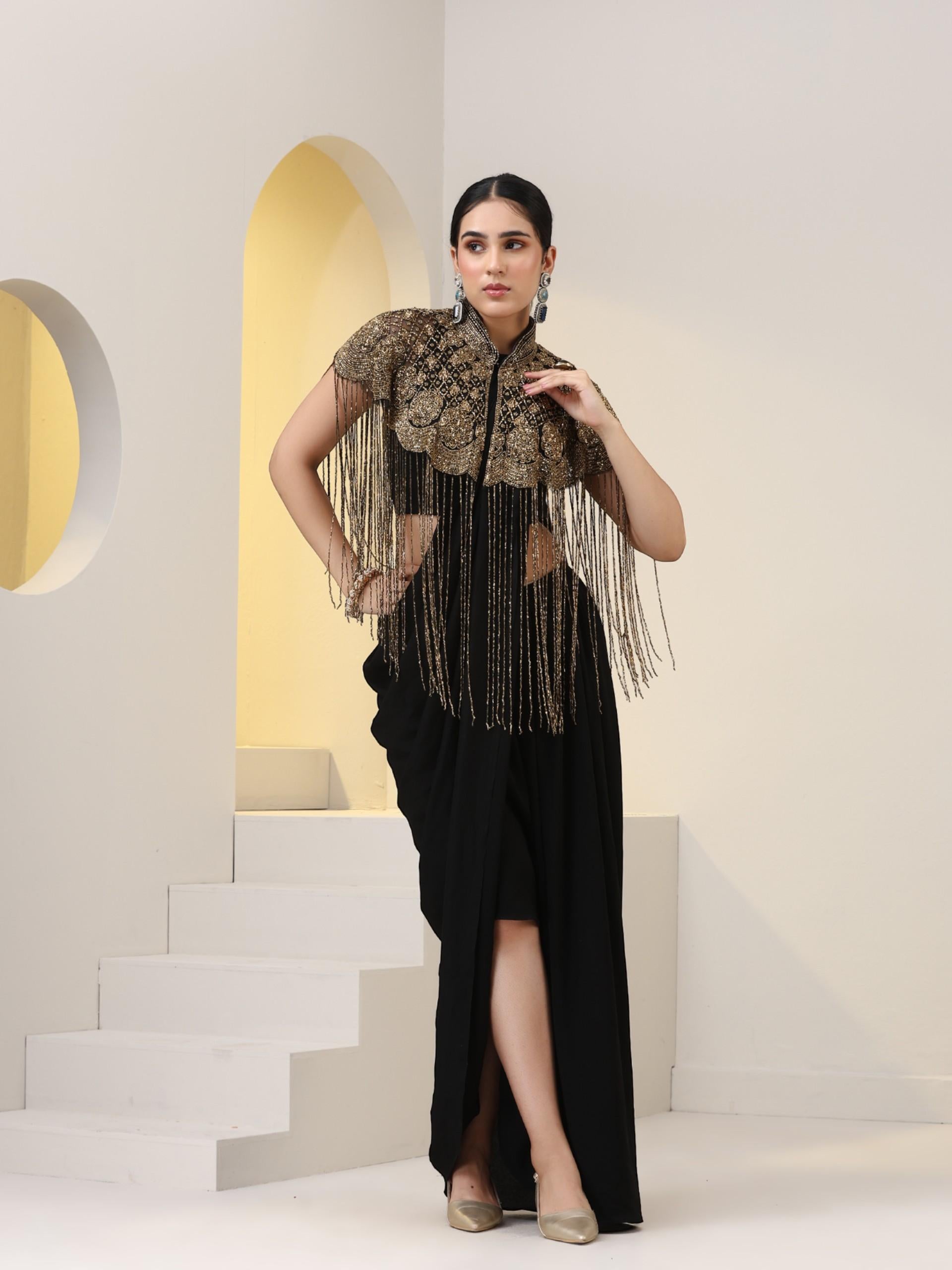 Swtantra Beaded Black Cape with Long Sequins Swtantra Beaded Black Cape with Long Sequins