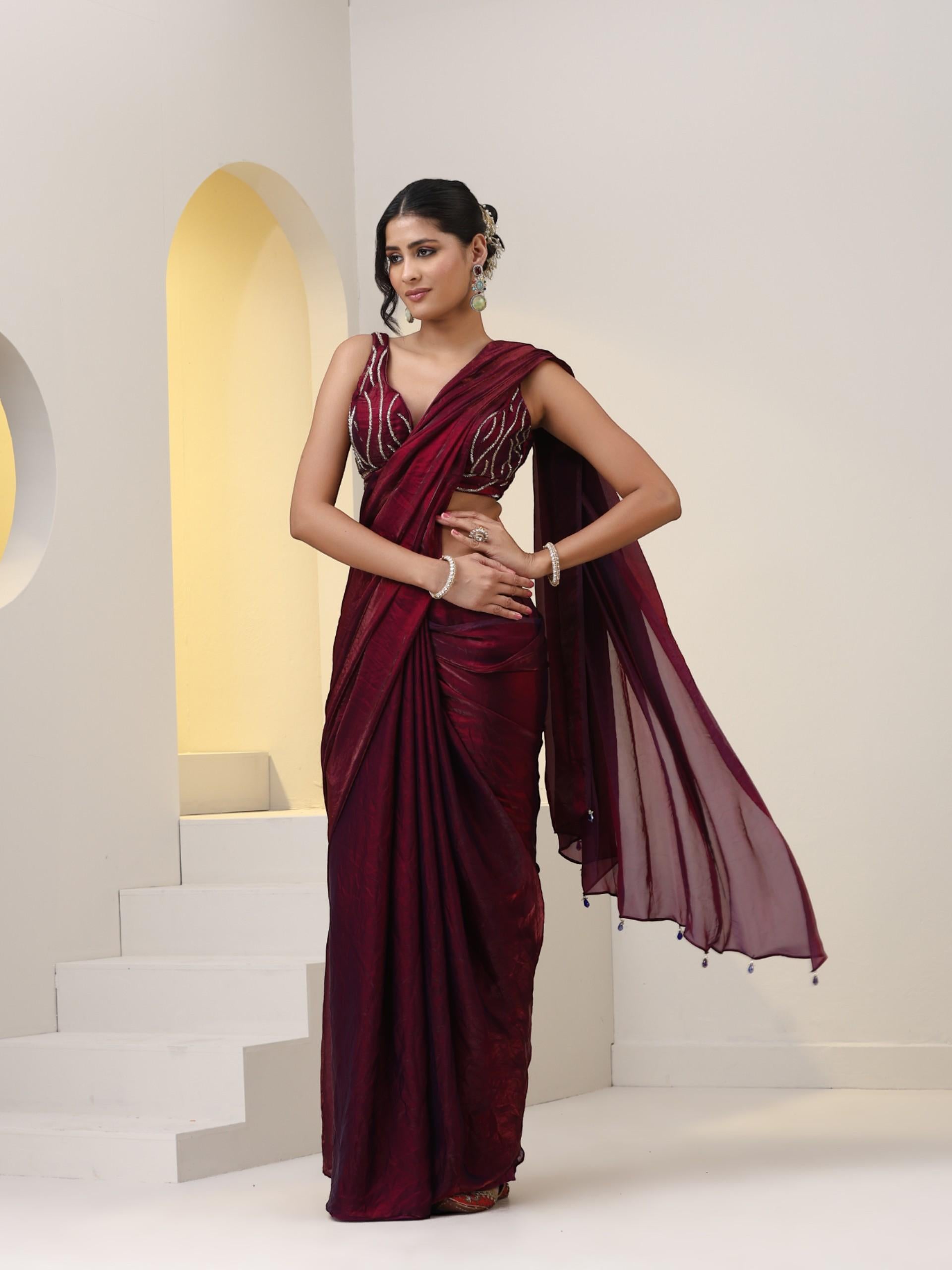 Plum Metallic Saree Skirt with Pocket with Cut Dana Hand Embroidered Blouse Fabric