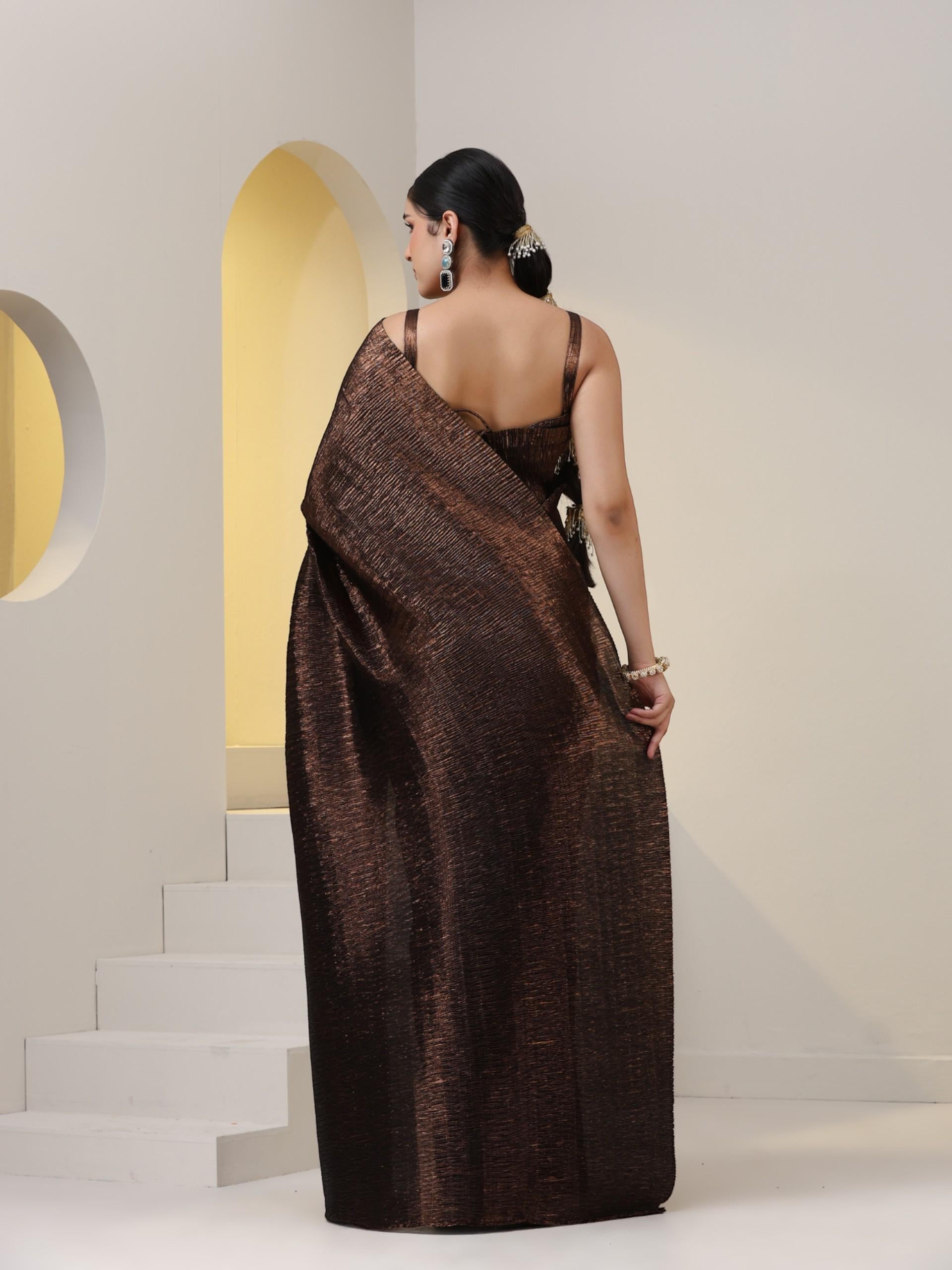 2 pc SET - Magnificent Bronze Shiny Pleated Pre-Draped Saree with Blouse Fabric