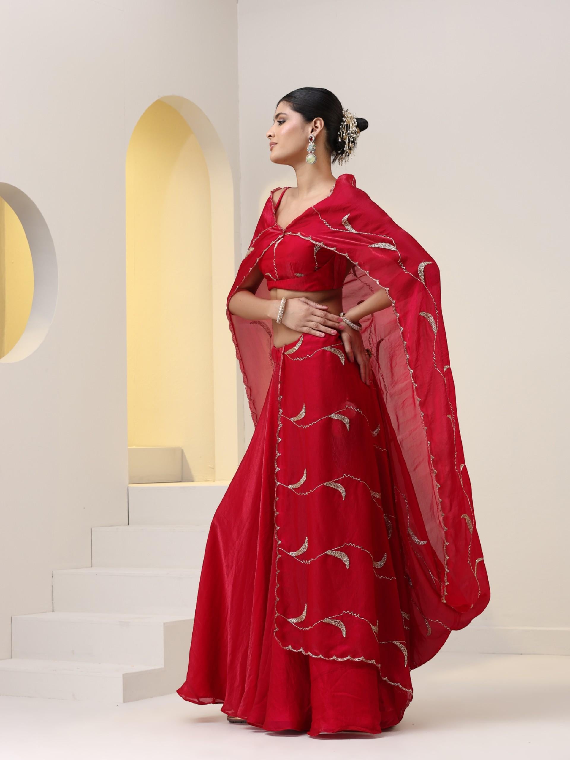 3 pc SET - Pink Red Metallic Satin Sharara Saree with Hand Embroidery on Blouse Fabric and Dupatta