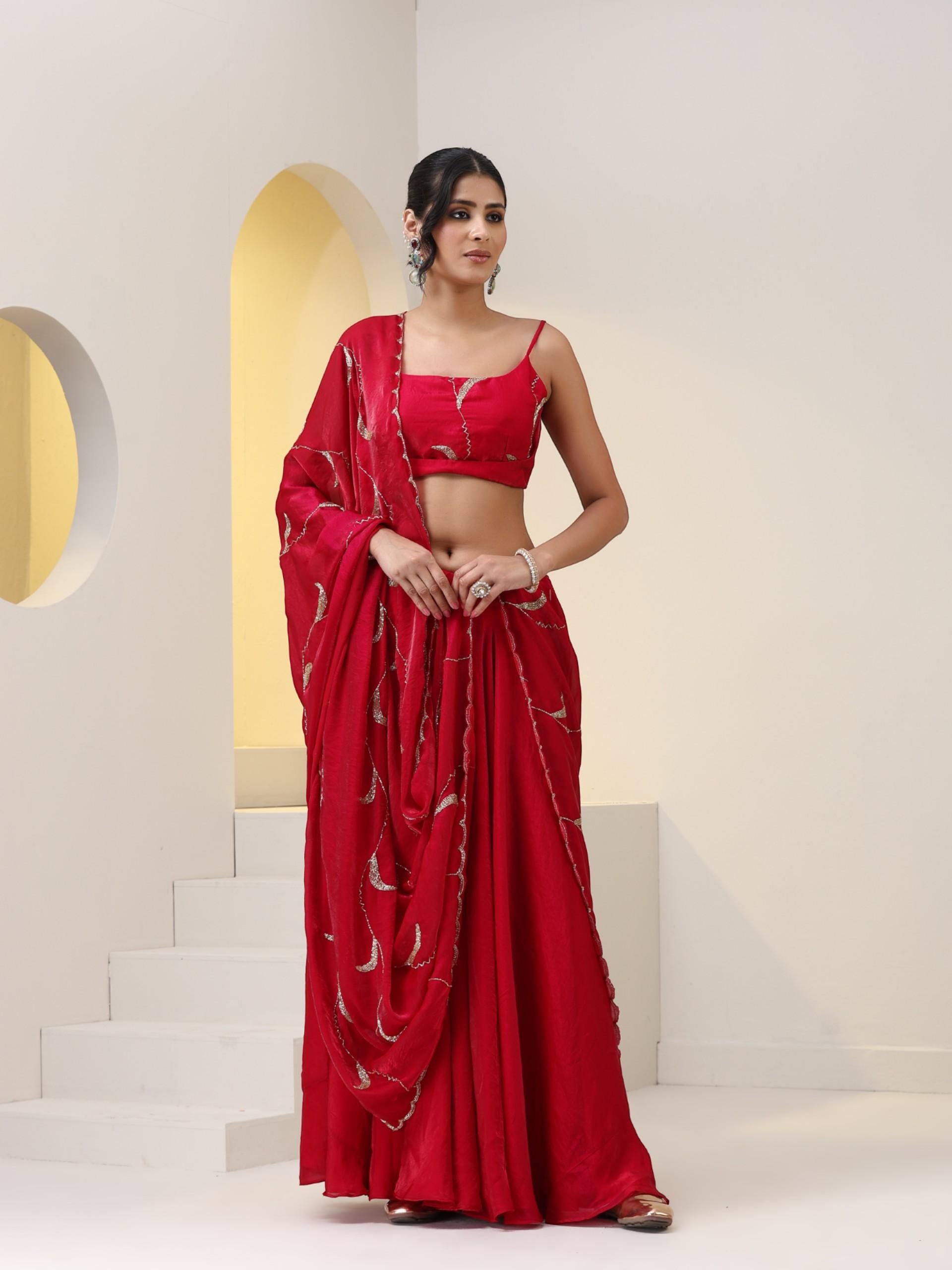 3 pc SET - Pink Red Metallic Satin Sharara Saree with Hand Embroidery on Blouse Fabric and Dupatta