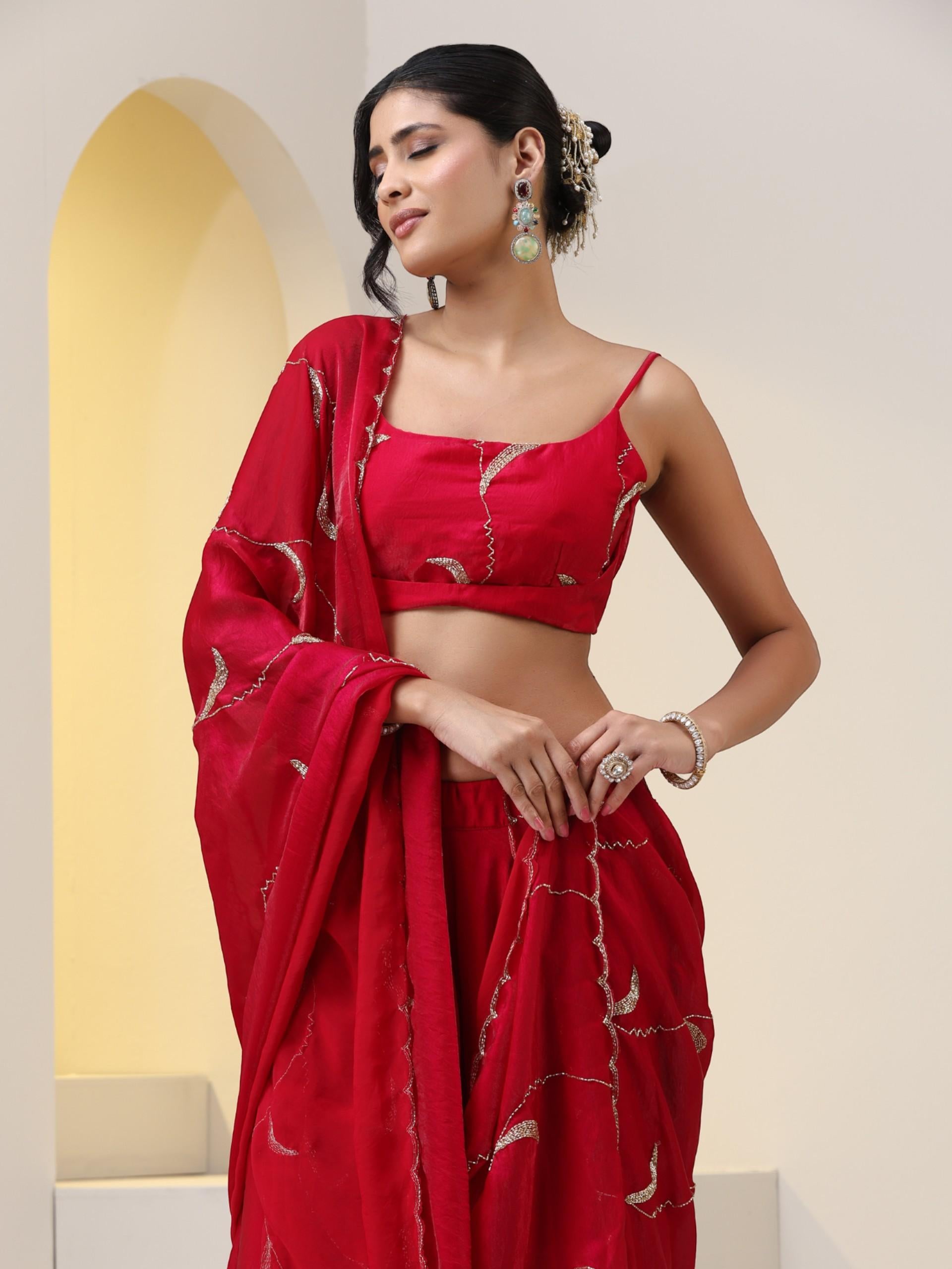 3 pc SET - Pink Red Metallic Satin Sharara Saree with Hand Embroidery on Blouse Fabric and Dupatta