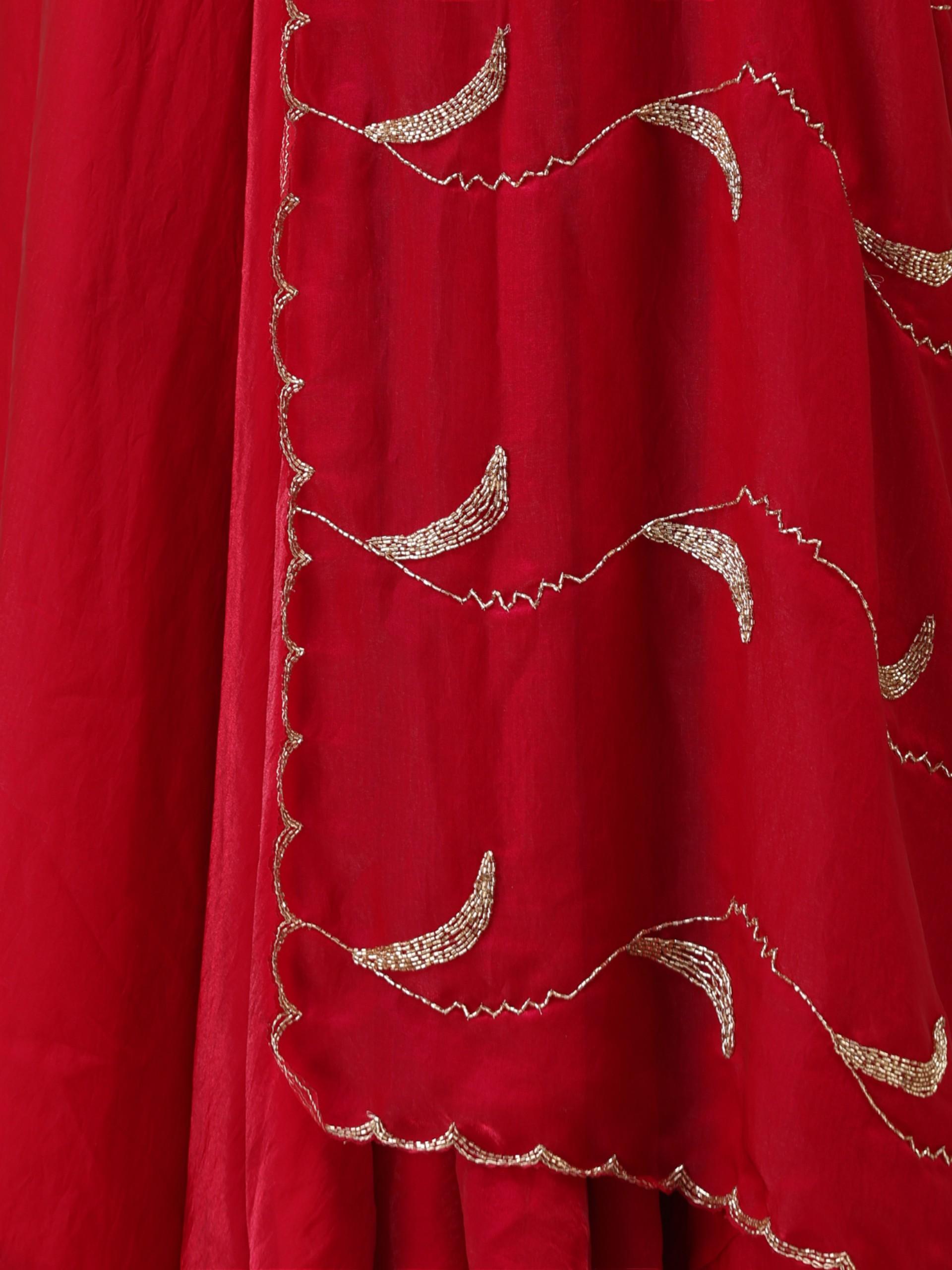 3 pc SET - Pink Red Metallic Satin Sharara Saree with Hand Embroidery on Blouse Fabric and Dupatta