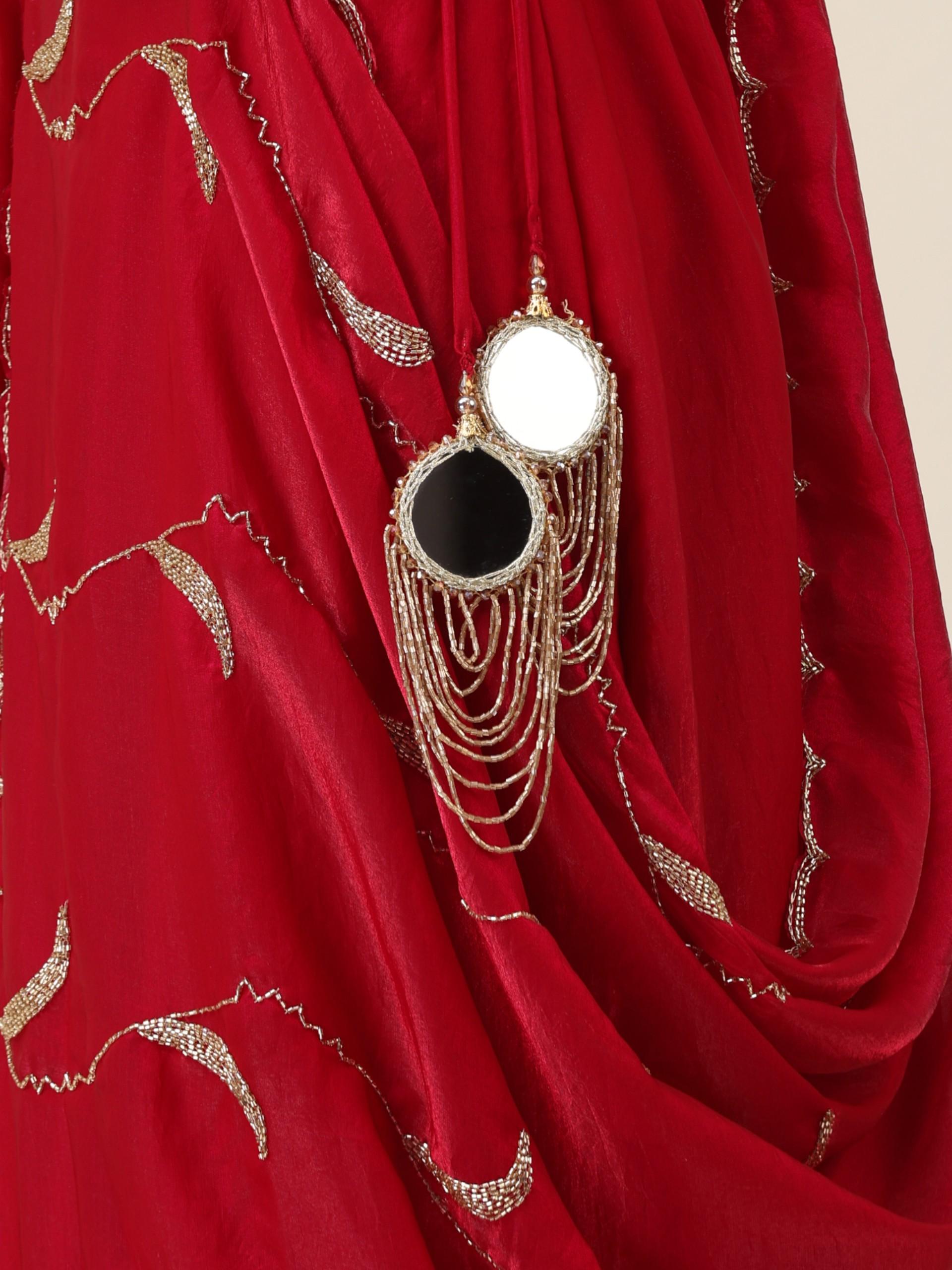 3 pc SET - Pink Red Metallic Satin Sharara Saree with Hand Embroidery on Blouse Fabric and Dupatta