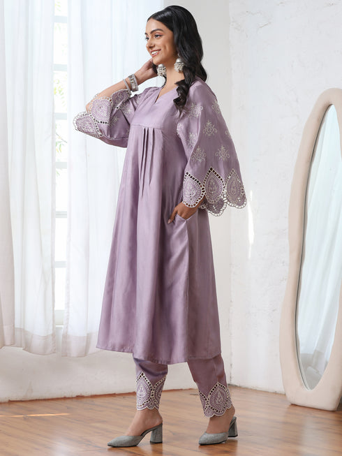 Women’s Lilac Suit Set with Pant | 2 Pc Set, A-Line, Swiss Embroidery on Sleeves, 3/4 Sleeve, Work Wear, Casual (PRF'T Lux Duchess Satin Fabric)