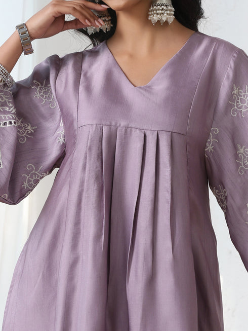 Women’s Lilac Suit Set with Pant | 2 Pc Set, A-Line, Swiss Embroidery on Sleeves, 3/4 Sleeve, Work Wear, Casual (PRF'T Lux Duchess Satin Fabric)