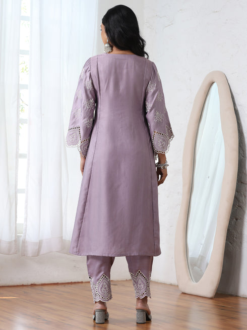 Women’s Lilac Suit Set with Pant | 2 Pc Set, A-Line, Swiss Embroidery on Sleeves, 3/4 Sleeve, Work Wear, Casual (PRF'T Lux Duchess Satin Fabric)