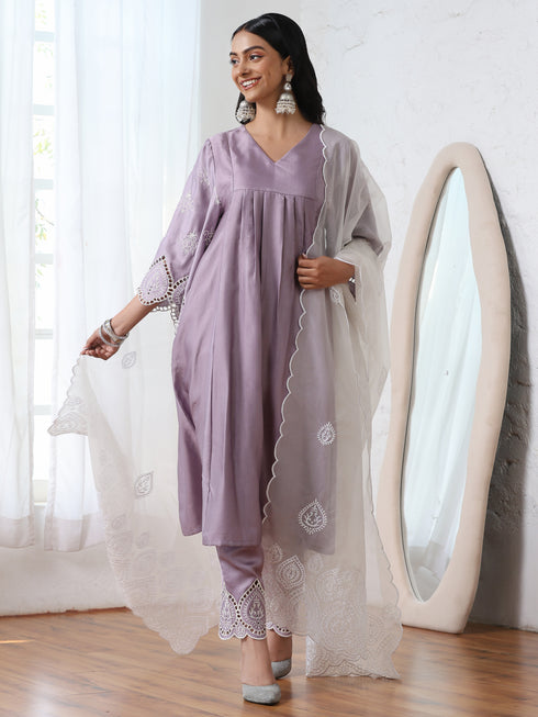 Women’s Lilac Suit Set with Pant | 2 Pc Set, A-Line, Swiss Embroidery on Sleeves, 3/4 Sleeve, Work Wear, Casual (PRF'T Lux Duchess Satin Fabric)