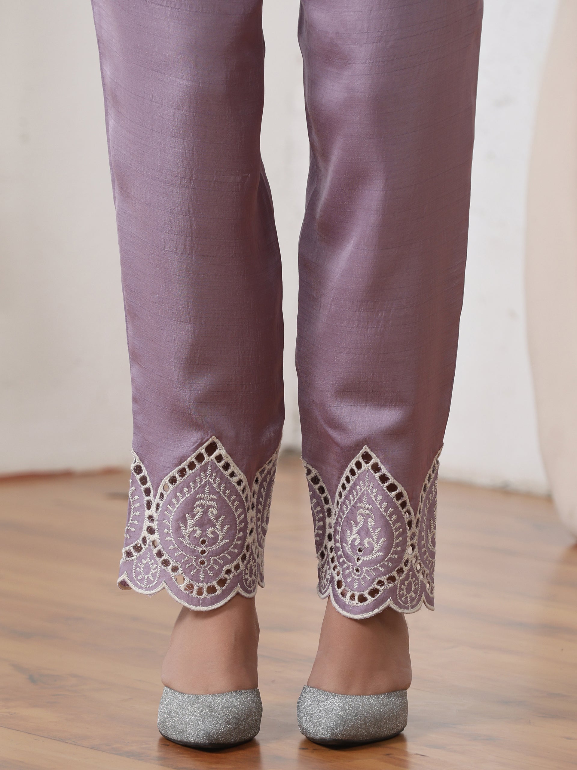 Women’s Lilac Schffli Suit Set with Pant | 2 Pc Set, A-Line, Swiss Embroidery on hem and pant, Sleeveless, Work Wear, Casual (PRF'T Lux Duchess Satin Fabric)