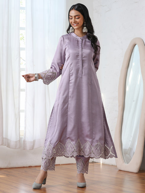 Women’s Lilac Suit Set with Pant | 2 Pc Set, A-Line, Swiss Embroidery on Sleeves, Work Wear, Casual (PRF'T Lux Duchess Satin Fabric)