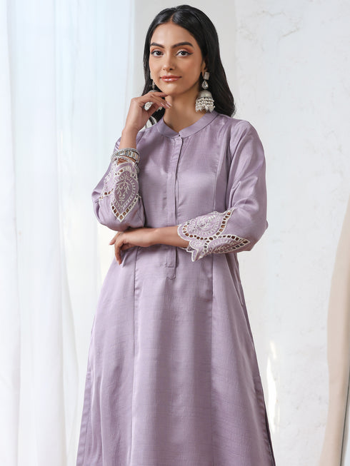 Women’s Lilac Suit Set with Pant | 2 Pc Set, A-Line, Swiss Embroidery on Sleeves, Work Wear, Casual (PRF'T Lux Duchess Satin Fabric)