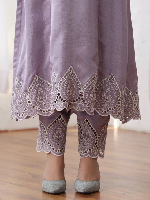 Women’s Lilac Suit Set with Pant | 2 Pc Set, A-Line, Swiss Embroidery on Sleeves, Work Wear, Casual (PRF'T Lux Duchess Satin Fabric)