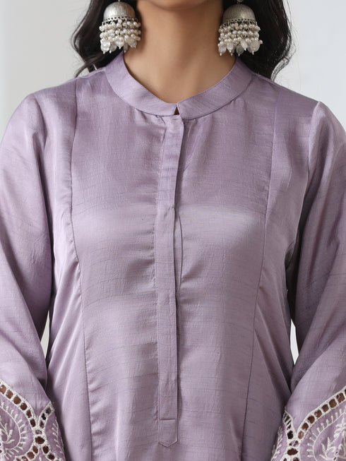 Women’s Lilac Suit Set with Pant | 2 Pc Set, A-Line, Swiss Embroidery on Sleeves, Work Wear, Casual (PRF'T Lux Duchess Satin Fabric)