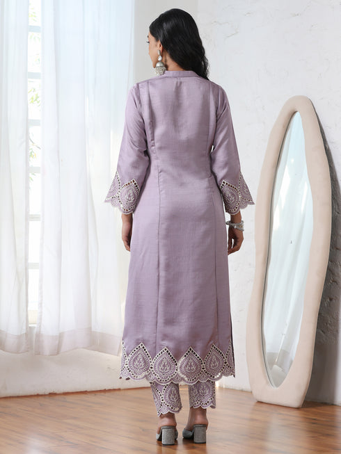 Women’s Lilac Suit Set with Pant | 2 Pc Set, A-Line, Swiss Embroidery on Sleeves, Work Wear, Casual (PRF'T Lux Duchess Satin Fabric)