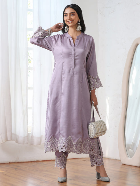 Women’s Lilac Suit Set with Pant | 2 Pc Set, A-Line, Swiss Embroidery on Sleeves, Work Wear, Casual (PRF'T Lux Duchess Satin Fabric)