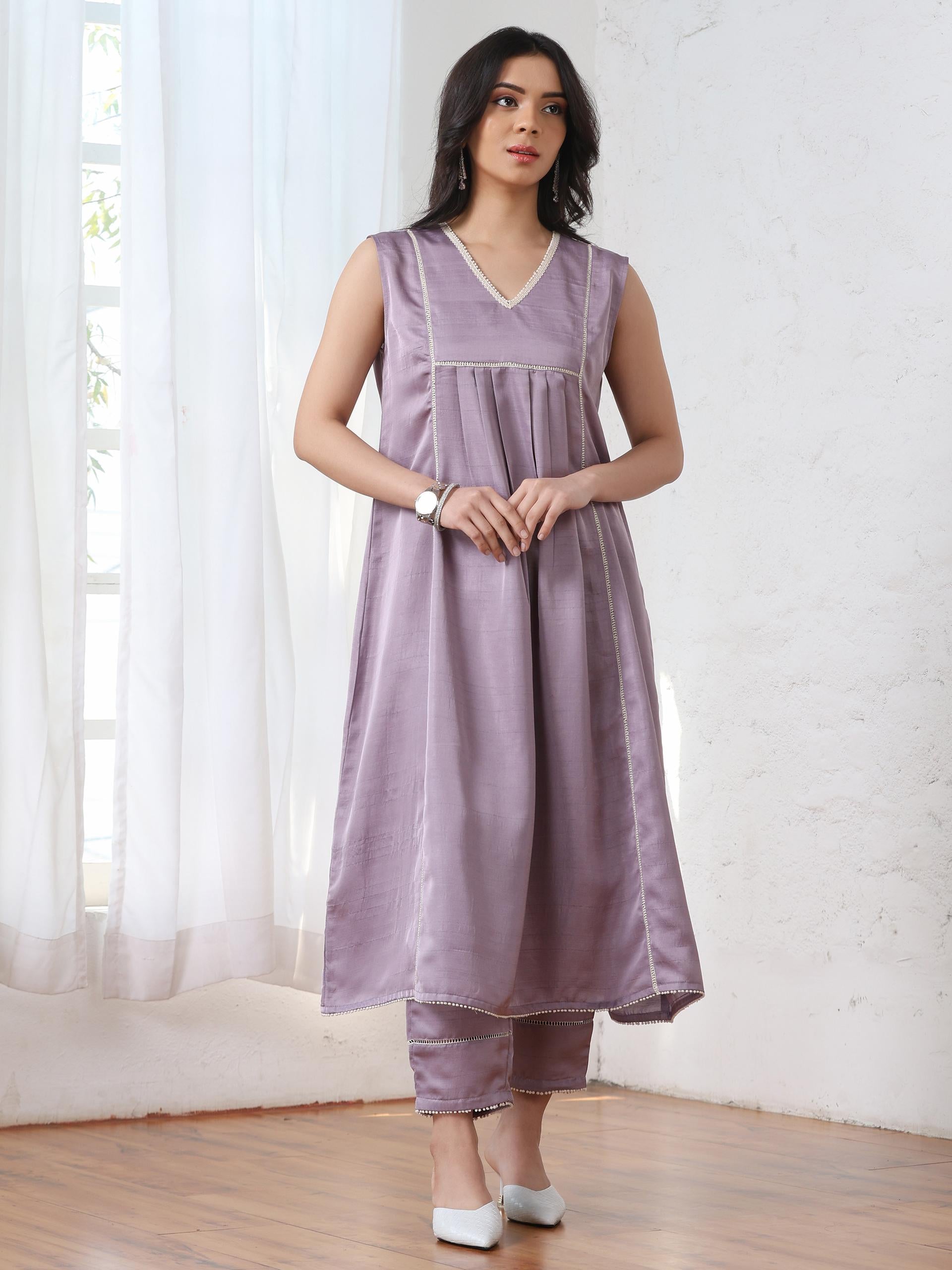 Women’s Lilac Suit Set with Pant | 2 Pc Set, Brassfield Design, Crochet Lace Detailing, Sleeveless, Festive Work Wear, Casual (PRF'T Lux Duchess Satin Fabric)