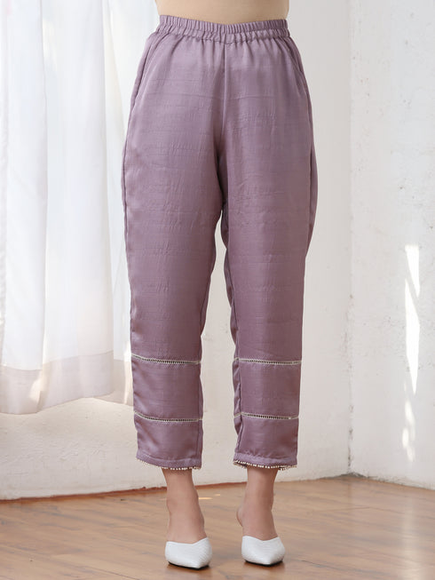 Women’s Lilac Suit Set with Pant | 2 Pc Set, A-Line, Swiss Embroidery on Kurta, Work Wear, Casual (PRF'T Lux Duchess Satin Fabric)