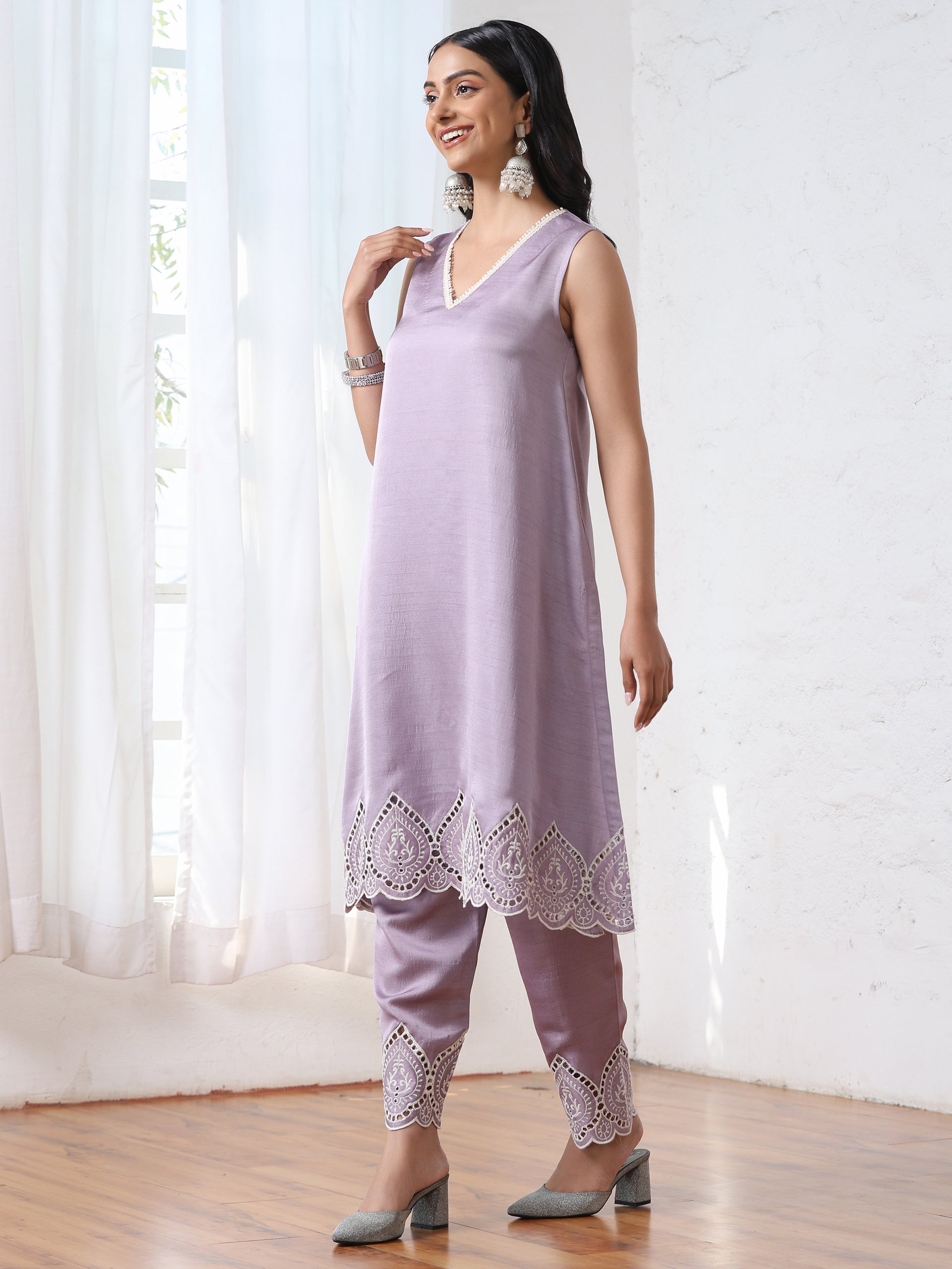 Women’s Lilac Schffli Suit Set with Pant | 2 Pc Set, A-Line, Swiss Embroidery on hem and pant, Sleeveless, Work Wear, Casual (PRF'T Lux Duchess Satin Fabric)