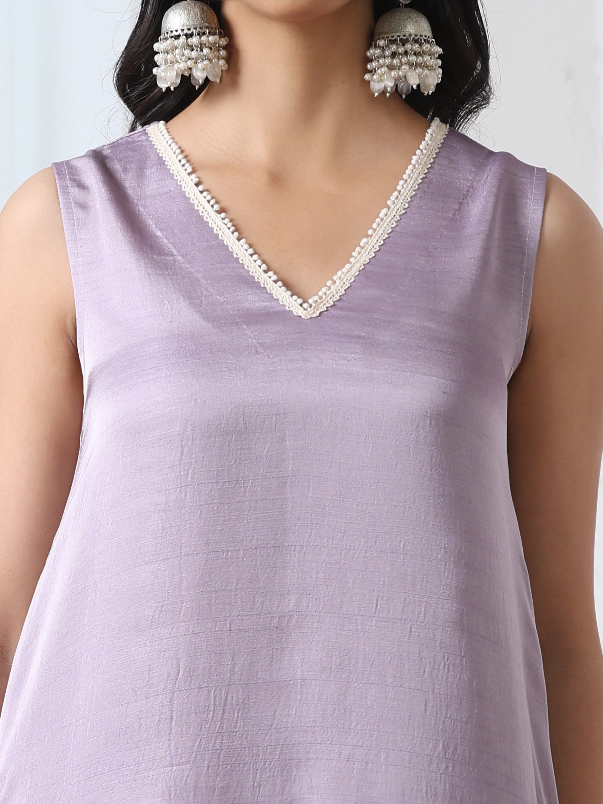 Women’s Lilac Schffli Suit Set with Pant | 2 Pc Set, A-Line, Swiss Embroidery on hem and pant, Sleeveless, Work Wear, Casual (PRF'T Lux Duchess Satin Fabric)