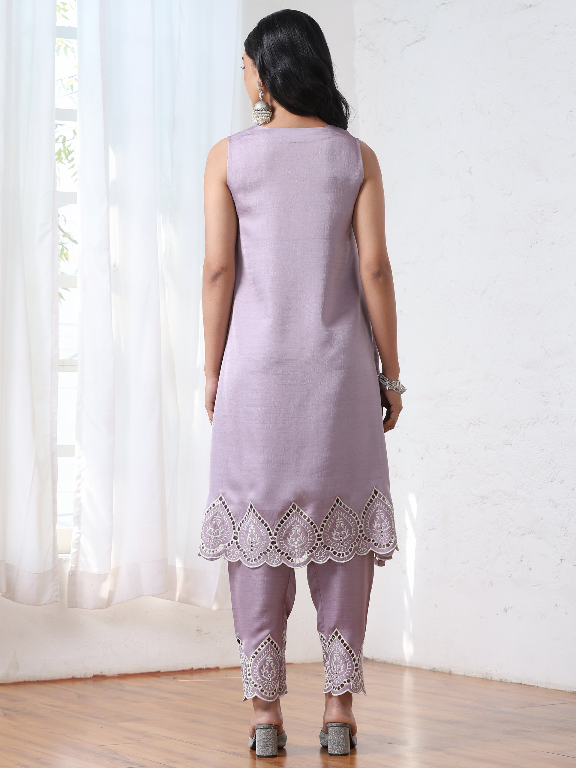 Women’s Lilac Schffli Suit Set with Pant | 2 Pc Set, A-Line, Swiss Embroidery on hem and pant, Sleeveless, Work Wear, Casual (PRF'T Lux Duchess Satin Fabric)