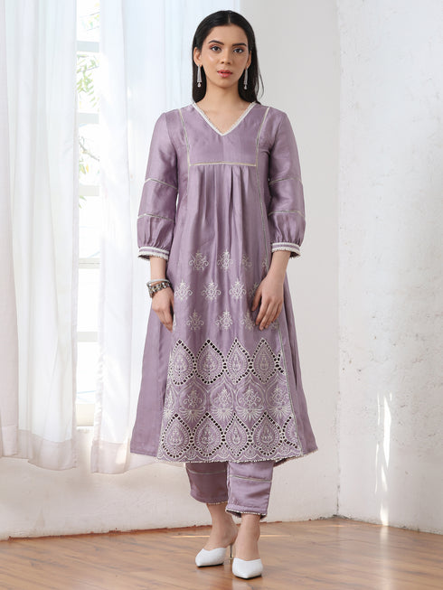Women’s Lilac Suit Set with Pant | 2 Pc Set, A-Line, Swiss Embroidery on Kurta, Work Wear, Casual (PRF'T Lux Duchess Satin Fabric)
