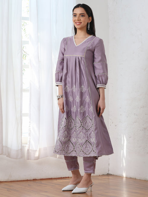 Women’s Lilac Suit Set with Pant | 2 Pc Set, A-Line, Swiss Embroidery on Kurta, Work Wear, Casual (PRF'T Lux Duchess Satin Fabric)