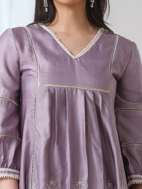 Women’s Lilac Suit Set with Pant | 2 Pc Set, A-Line, Swiss Embroidery on Kurta, Work Wear, Casual (PRF'T Lux Duchess Satin Fabric)