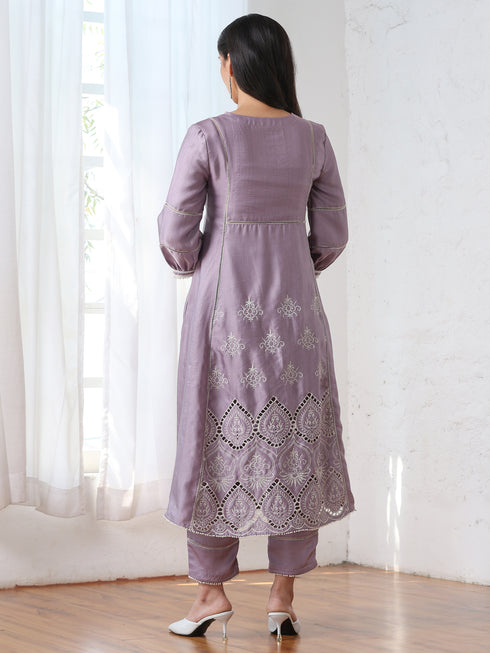 Women’s Lilac Suit Set with Pant | 2 Pc Set, A-Line, Swiss Embroidery on Kurta, Work Wear, Casual (PRF'T Lux Duchess Satin Fabric)